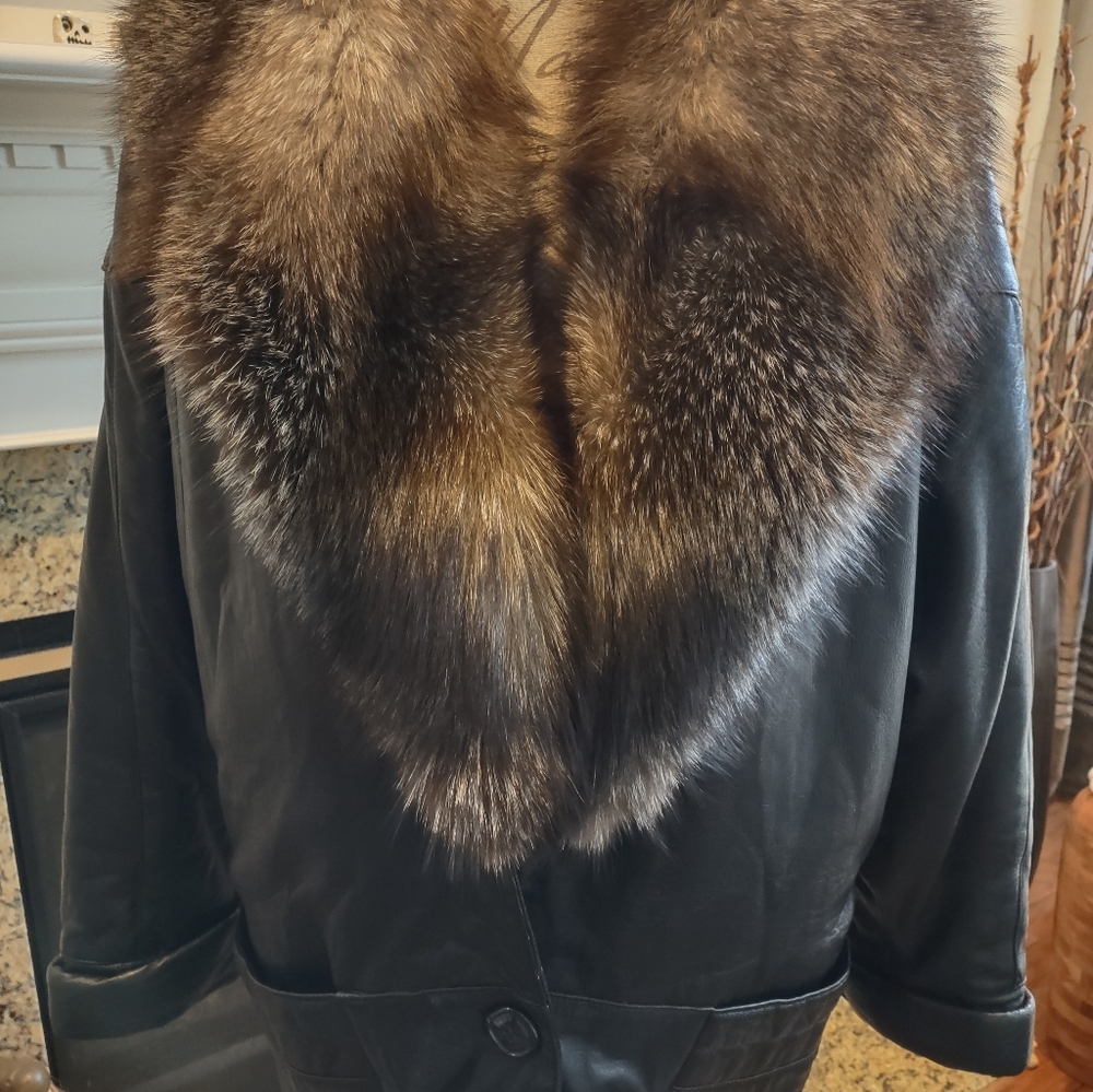 Vera Pelle Black Genuine Black Leather 3/4 Coat Fur Trim Made In Italy L - XL 14 - Picture 6 of 13